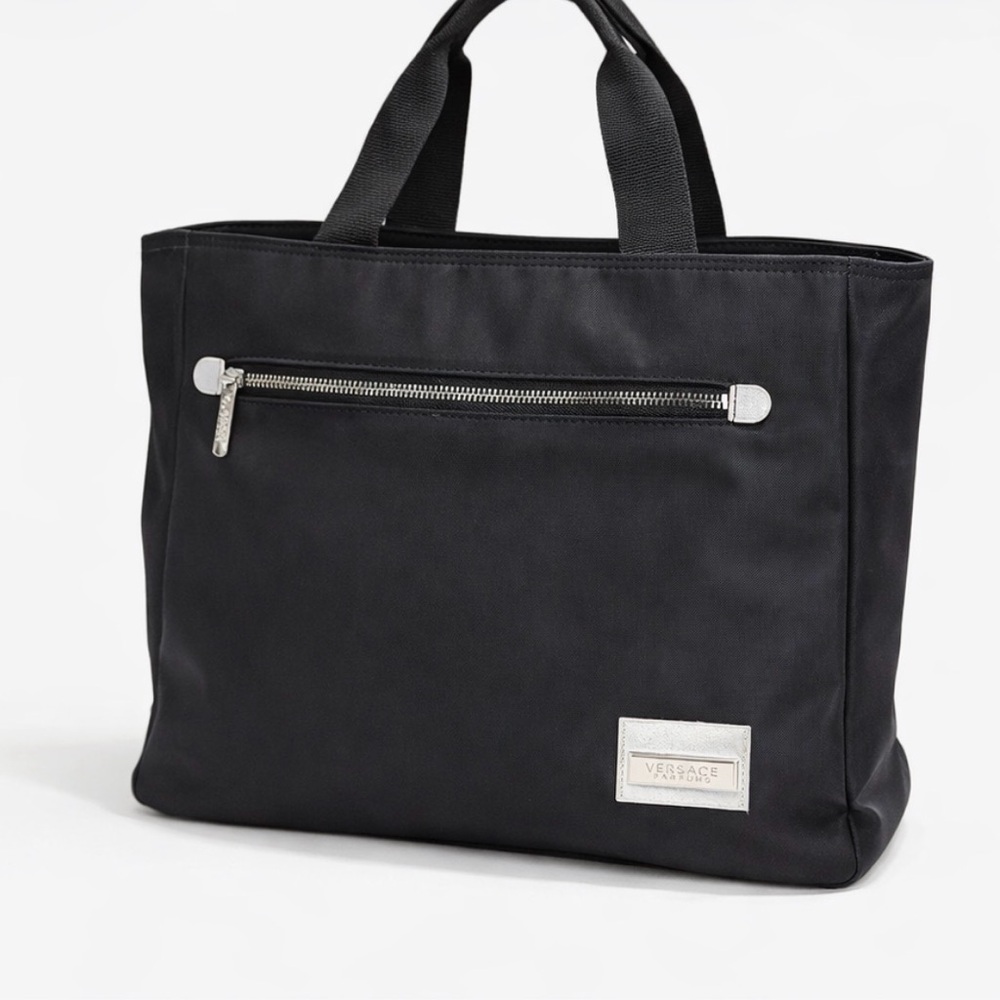 Versace Black Nylon Tote Bag | Silver Hardware Logo NWT